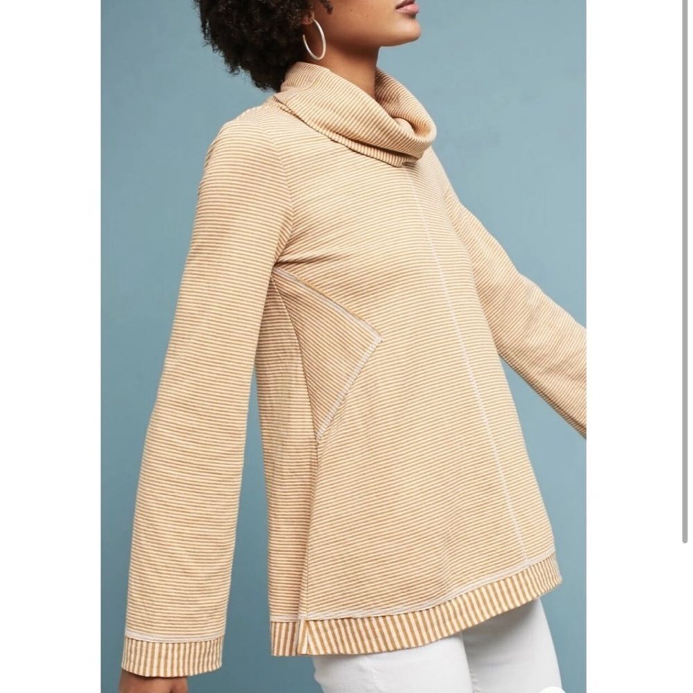 Anthropologie Maeve Tai Sweater Womens M Yellow Stripe Cowl Neck Bell Sleeve